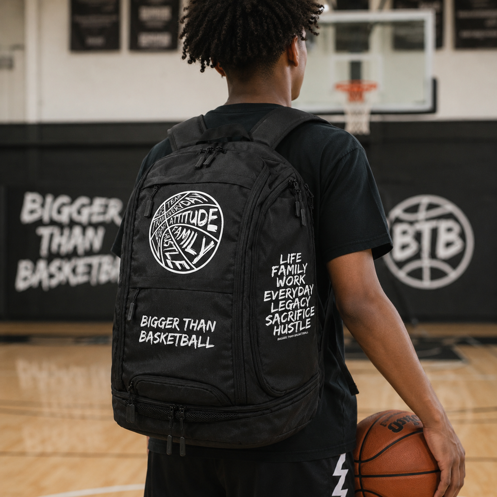 Black backpack worn with padded shoulder straps, circular logo, and “Life Family Work” text.