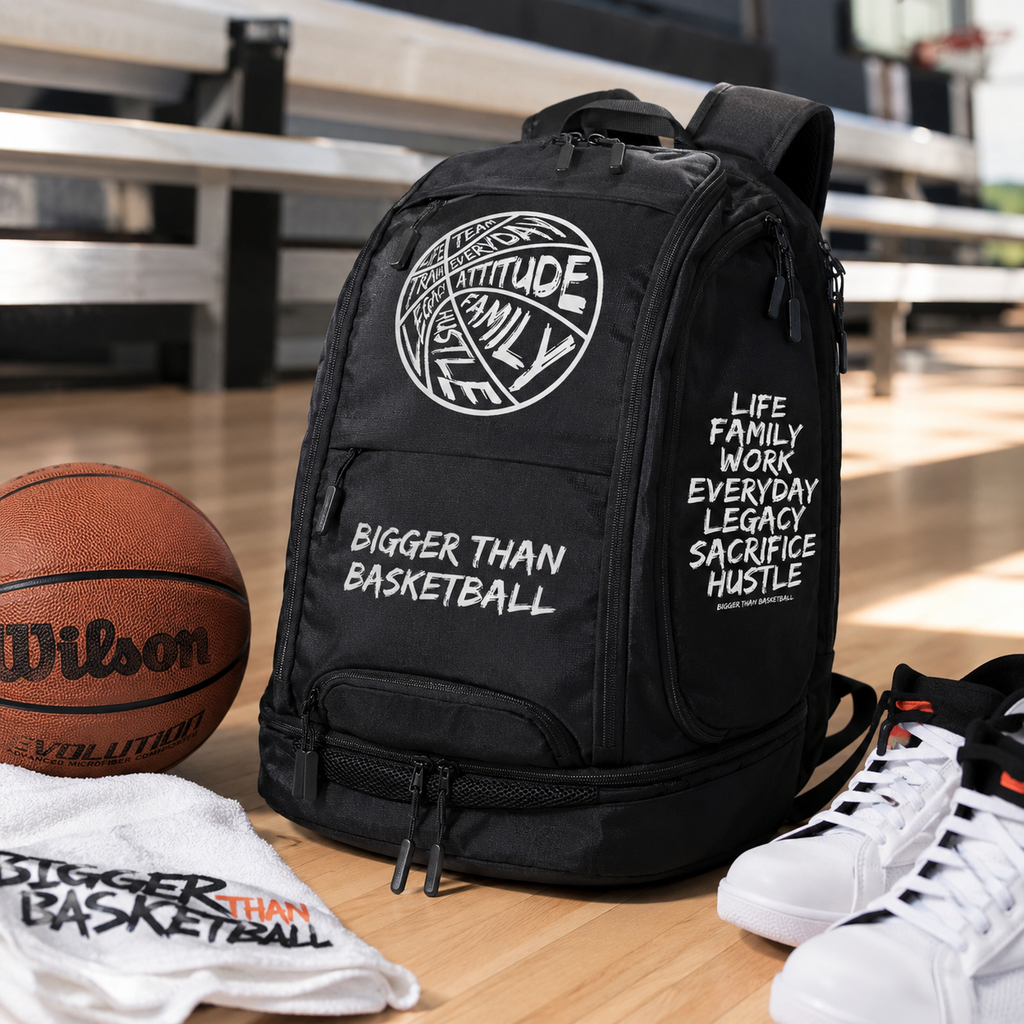 Black backpack with circular logo patch, “Bigger Than Basketball” text, and multiple front zip pockets.