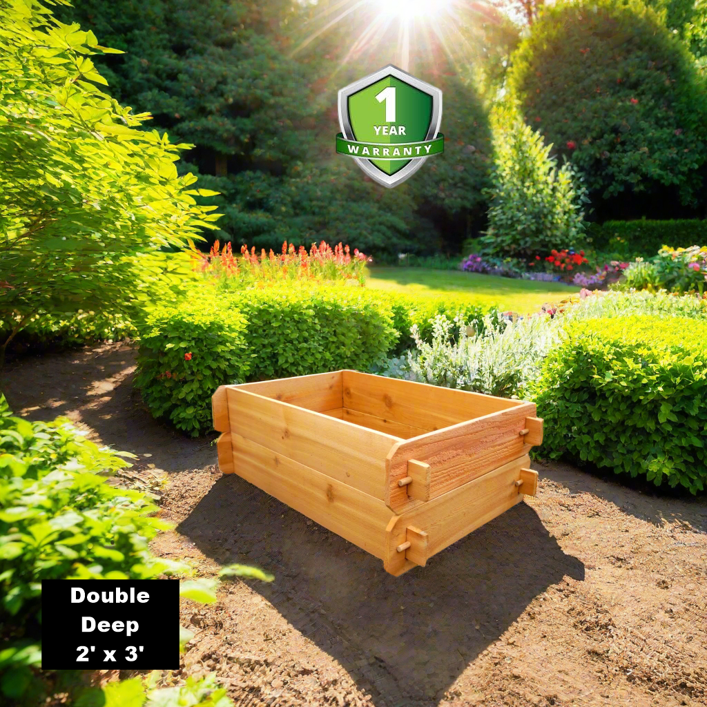 Double-deep cedar raised garden bed kit with front corner supports