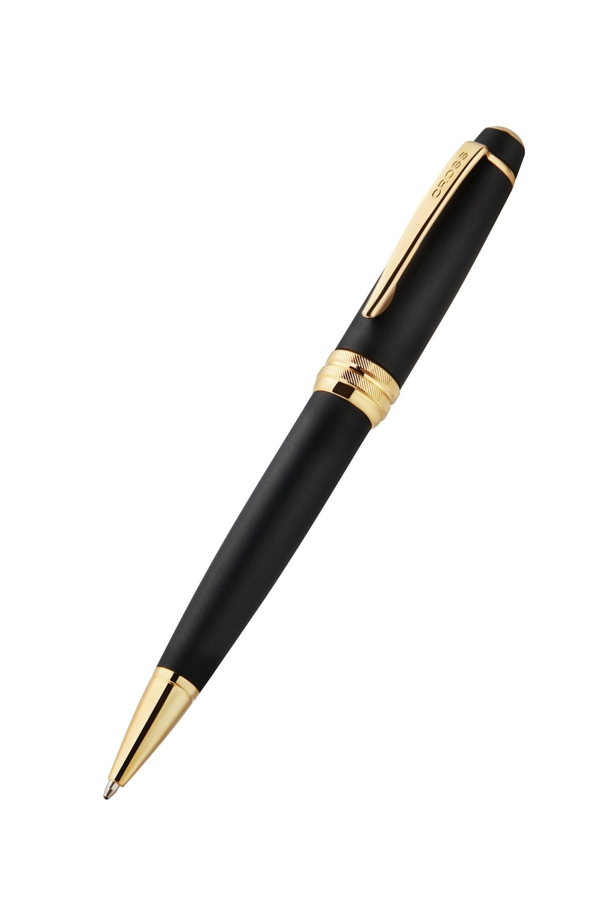 Matte black ballpoint pen with gold nib tip and gold band accents