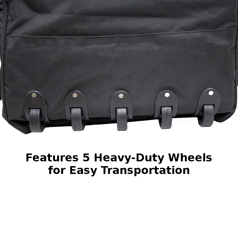 Black rolling hay bale bag front view with heavy-duty wheel mounts