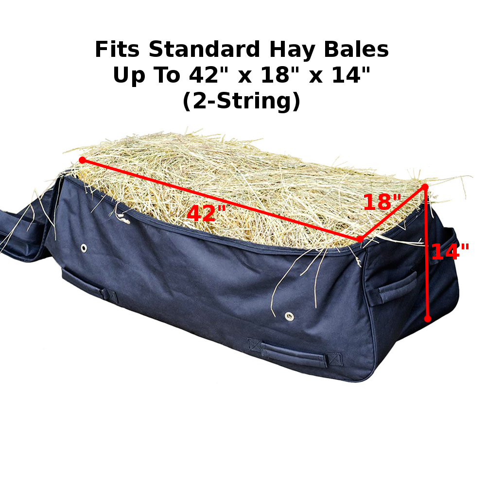 Blue rolling hay bale bag, open top with hay inside and American flag patch