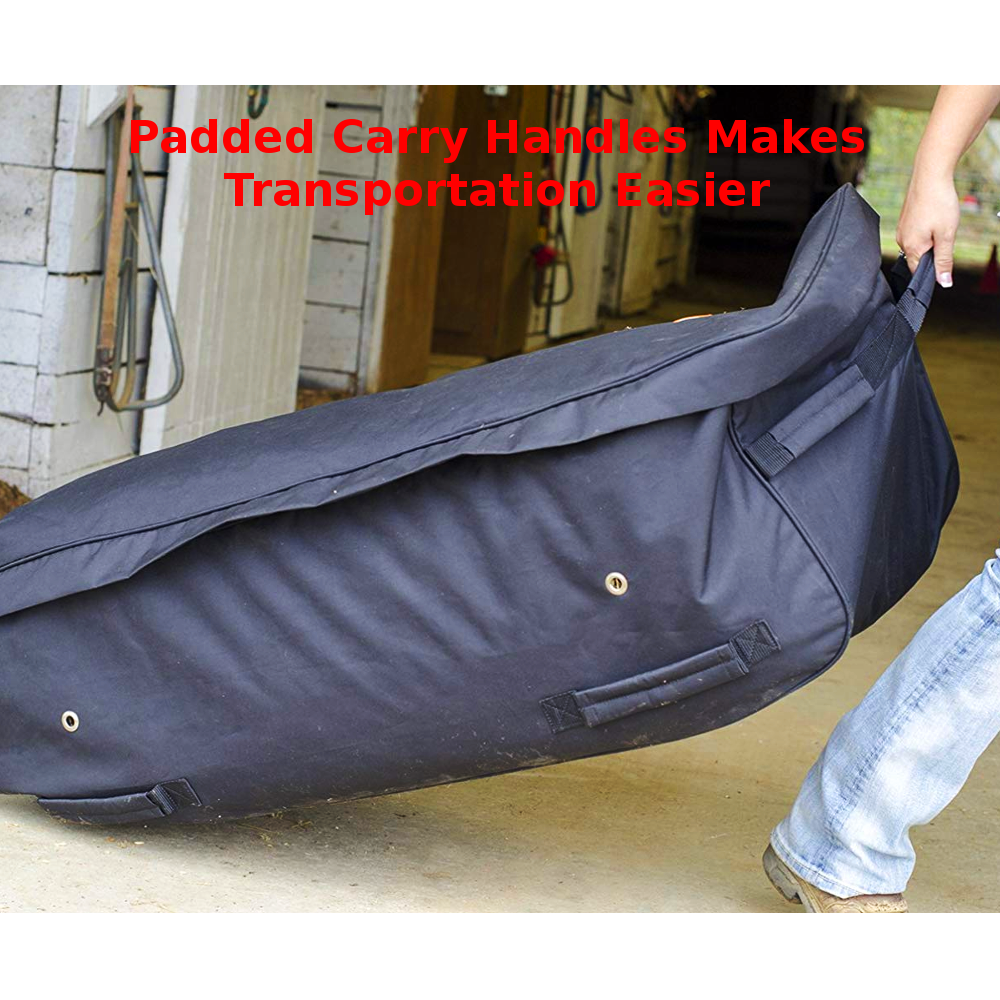 Navy rolling hay bale bag with padded carry handle and side pocket details