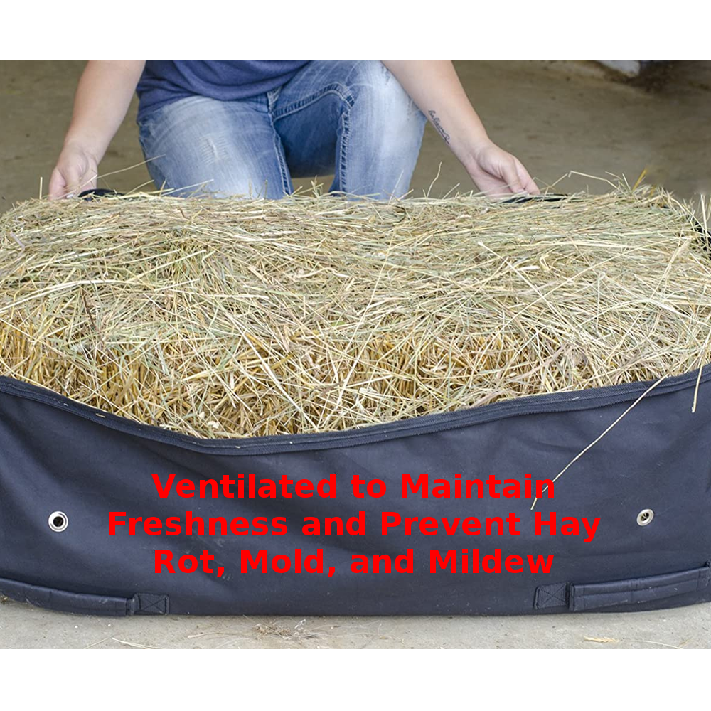 Blue rolling hay bale bag filled with hay, showing vented side panels