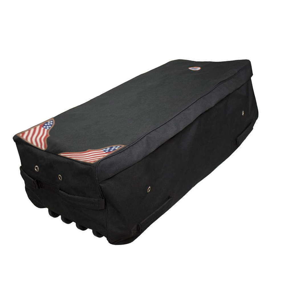 Black rolling hay bale bag with American flag patch and corner grommets