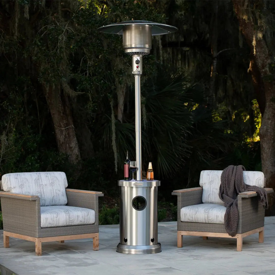 Stainless steel patio heater with LED tabletop in a central cylinder