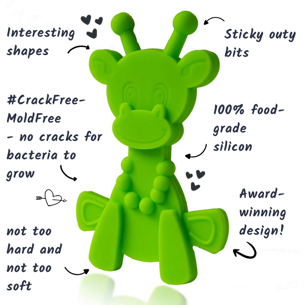 Lime green giraffe-shaped teether with bumpy textures and easy-grip arms