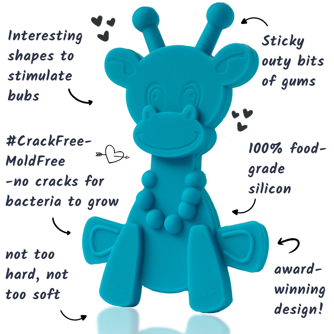 Cyan giraffe teether with textured nubs, curved body, and molded ear handles