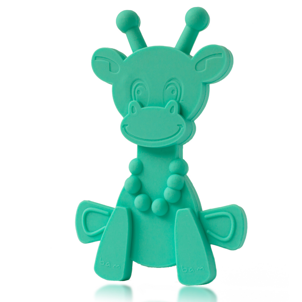 Turquoise baby teething toy shaped like a bear with raised grips and handles