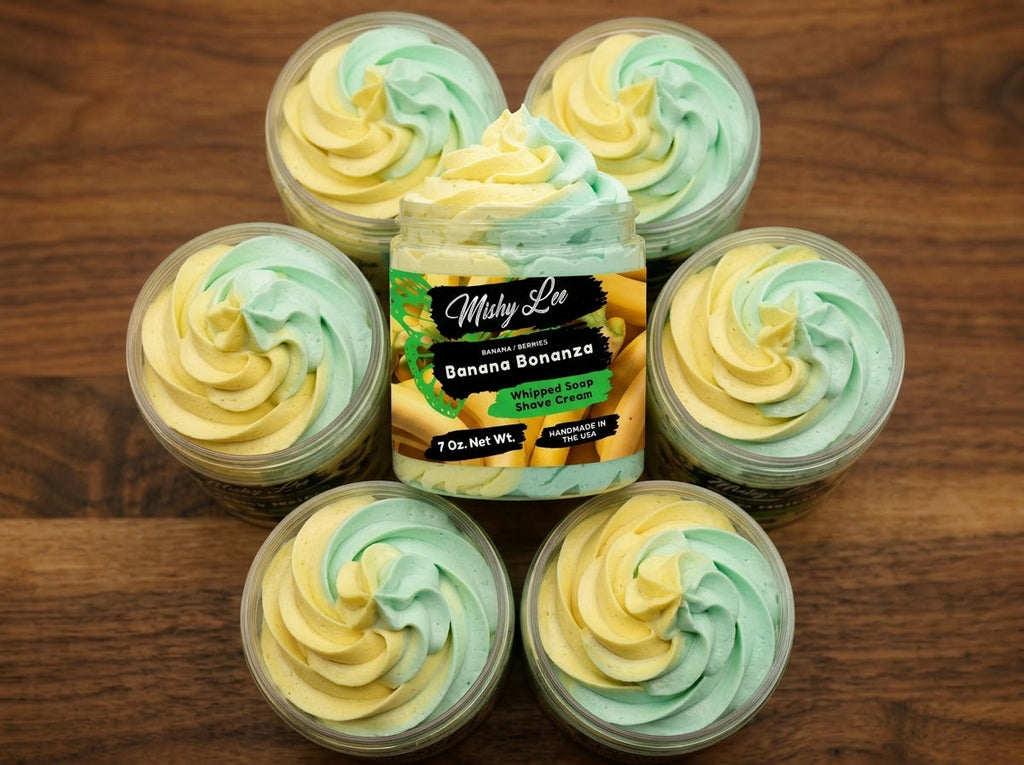Whipped soap and shave cream set: jar and small containers with yellow and mint swirls