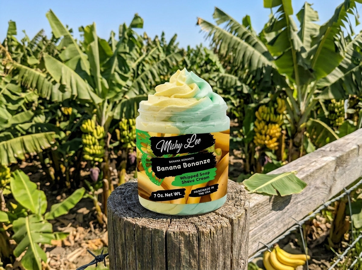 Whipped soap and shave cream jar on a stump in a tropical outdoor setting