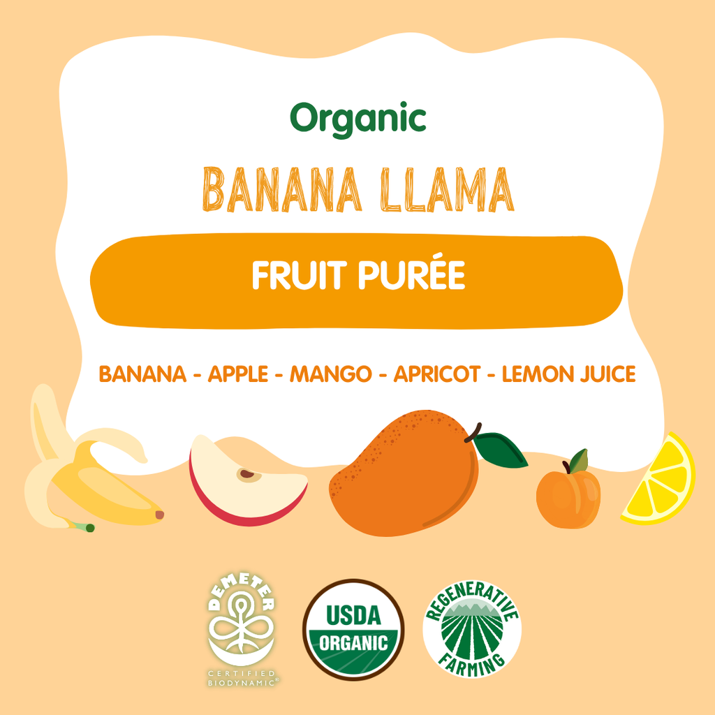 Holle Organic Banana Llama fruit purée pouch with banana, apple, mango, apricot and lemon