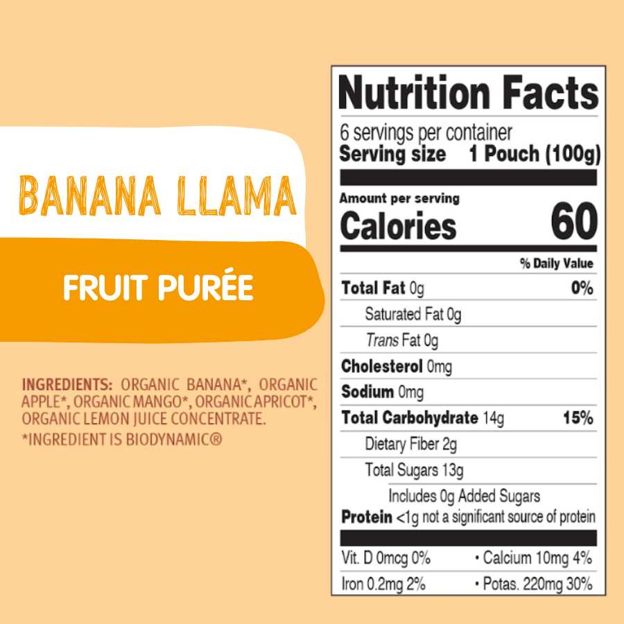 Holle Banana Llama fruit purée pouch with nutrition facts panel