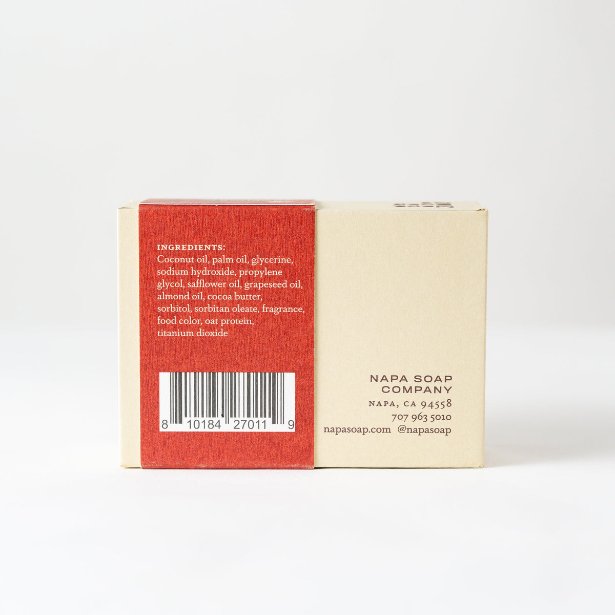 Bar soap packaging back view with red ingredients panel and white label, barcode visible