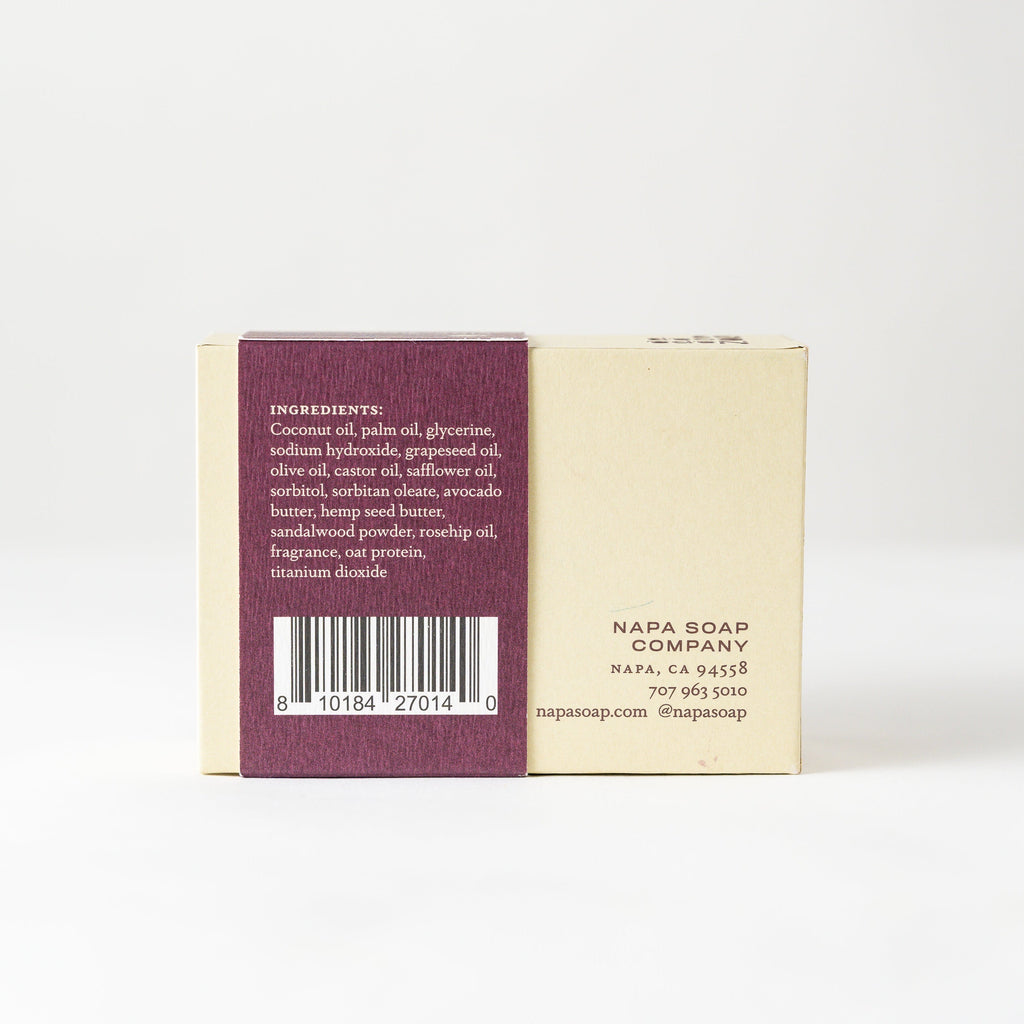 Figs & Zinfandel bar soap with ingredient label and barcode on the box