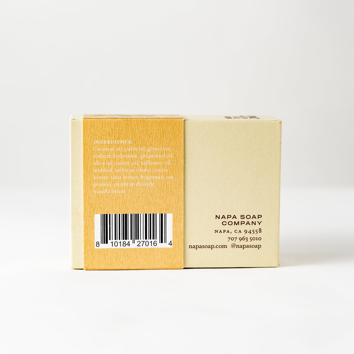 Bar soap boxed with ingredient text and barcode on kraft-brown and white packages
