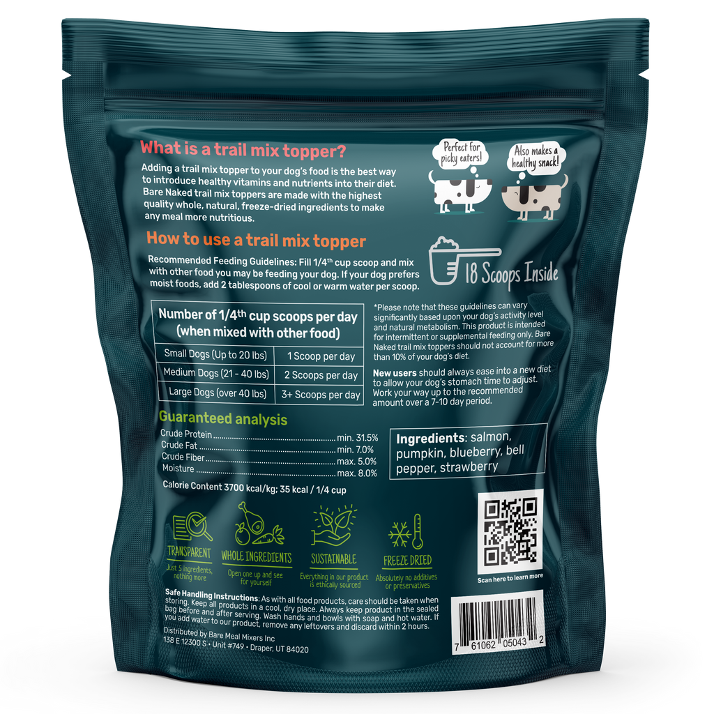 Bare Naked freeze-dried trail mix topper pouch back with feeding instructions and analysis