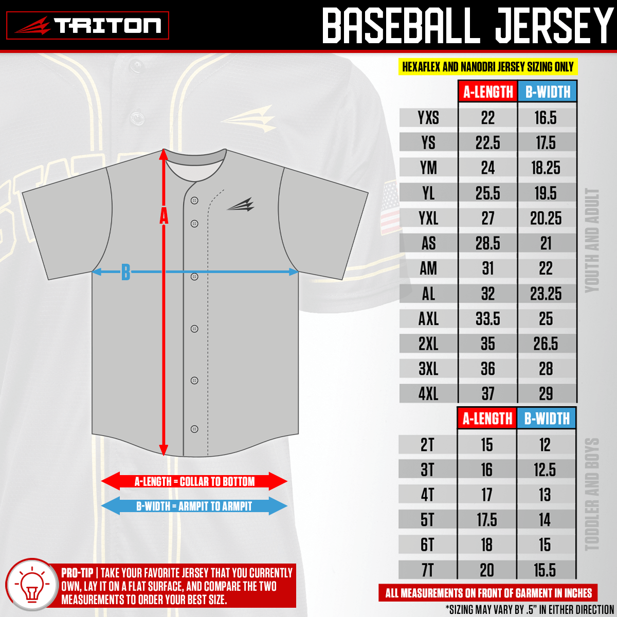 Baseball jersey size chart diagram with measurements and fit guidance (A-length, B-width)