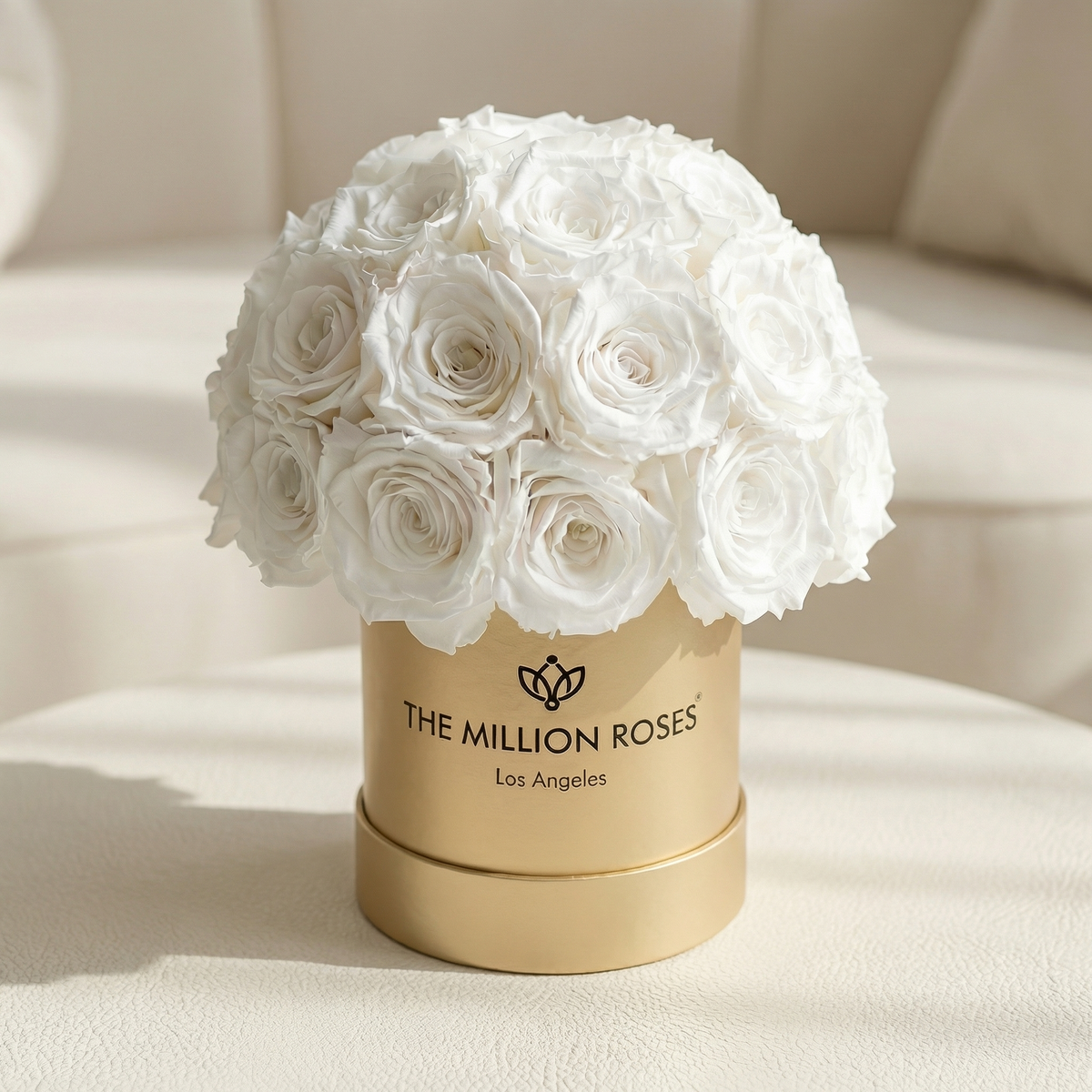 White rose superdome flower box, full bouquet of cream-white roses in gold base