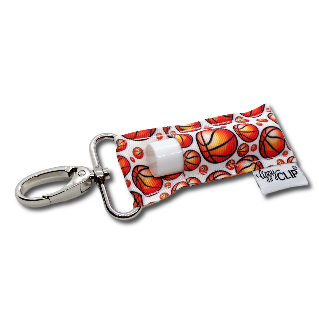 LippyClip lip balm holder with metal carabiner clip, red basketball print pouch