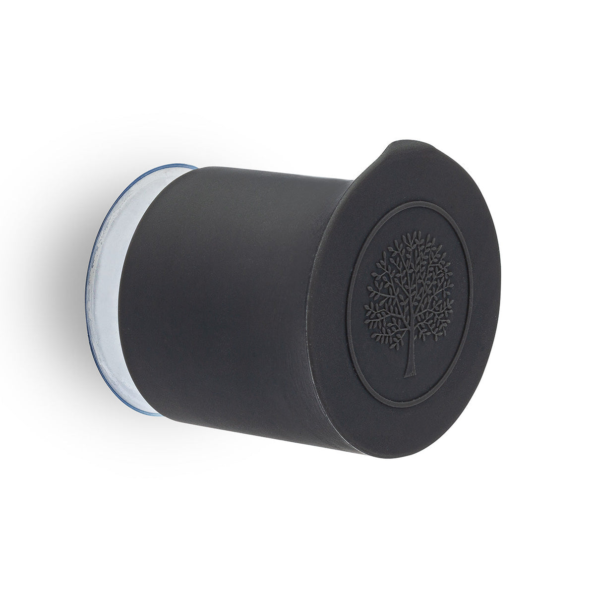 Silicone bath hook in dark gray with embossed tree logo and suction base
