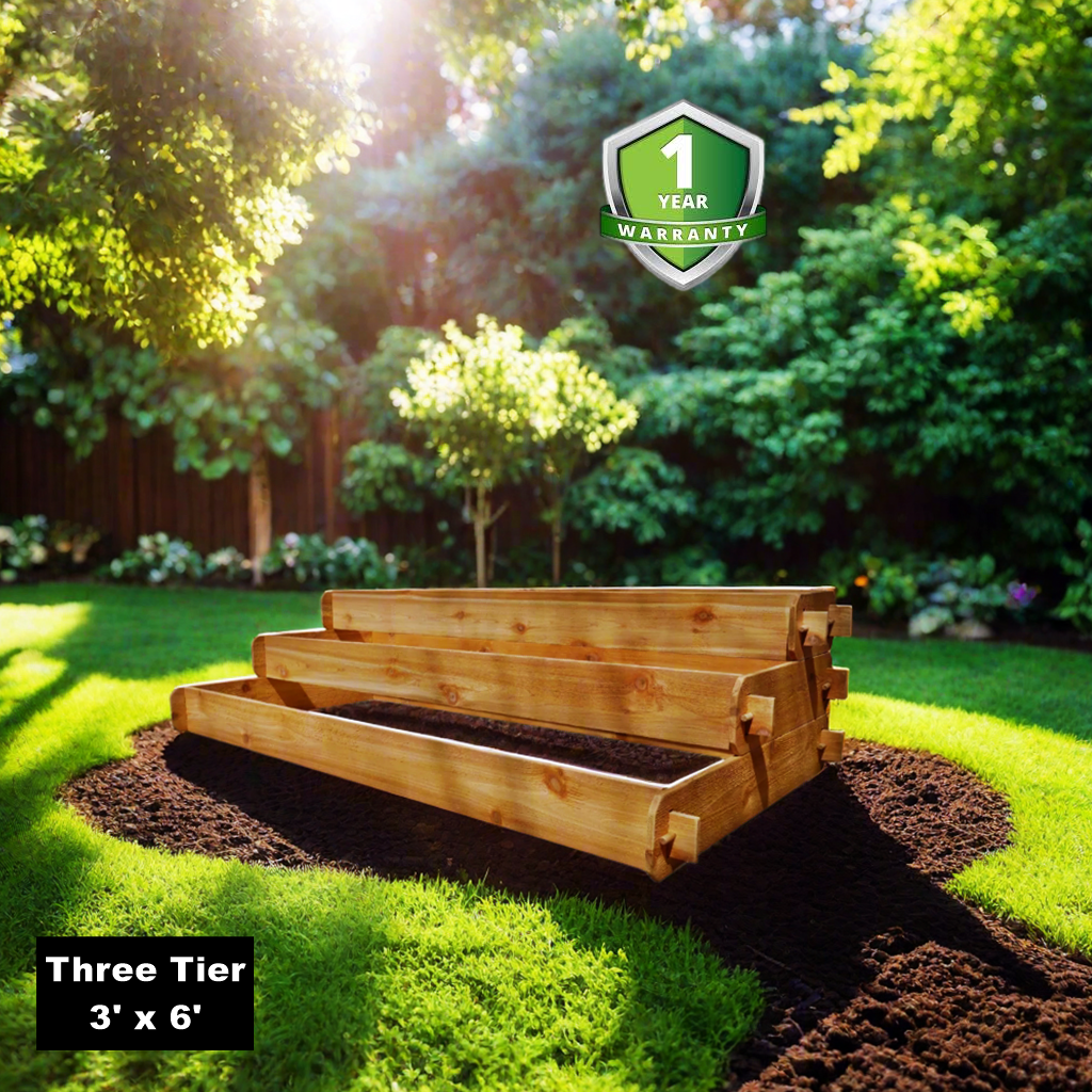 Three-tier cedar raised garden bed planter, elevated rectangular planter with slatted sides