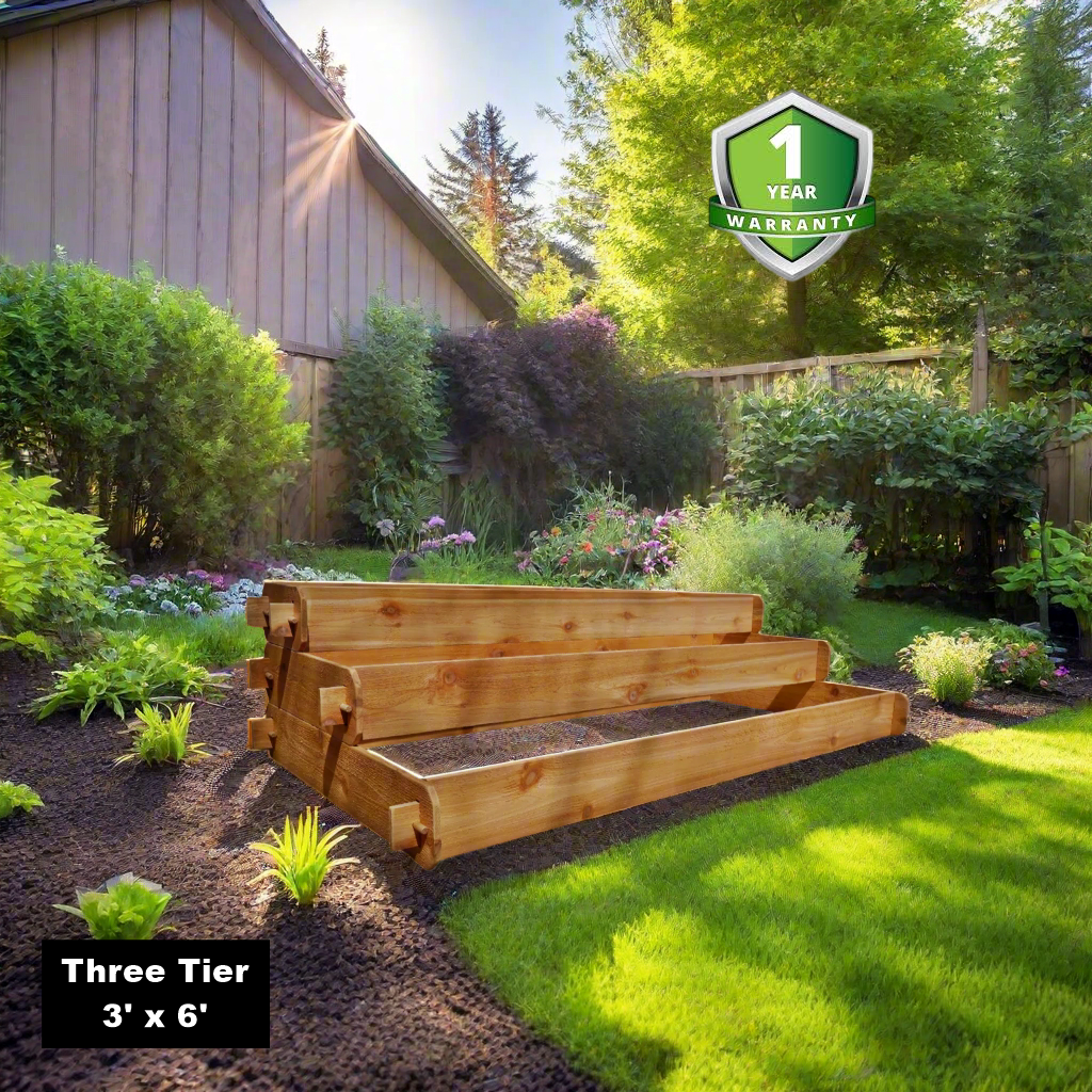 Three-tier cedar raised garden bed planter in garden with slatted sides and elevated frame