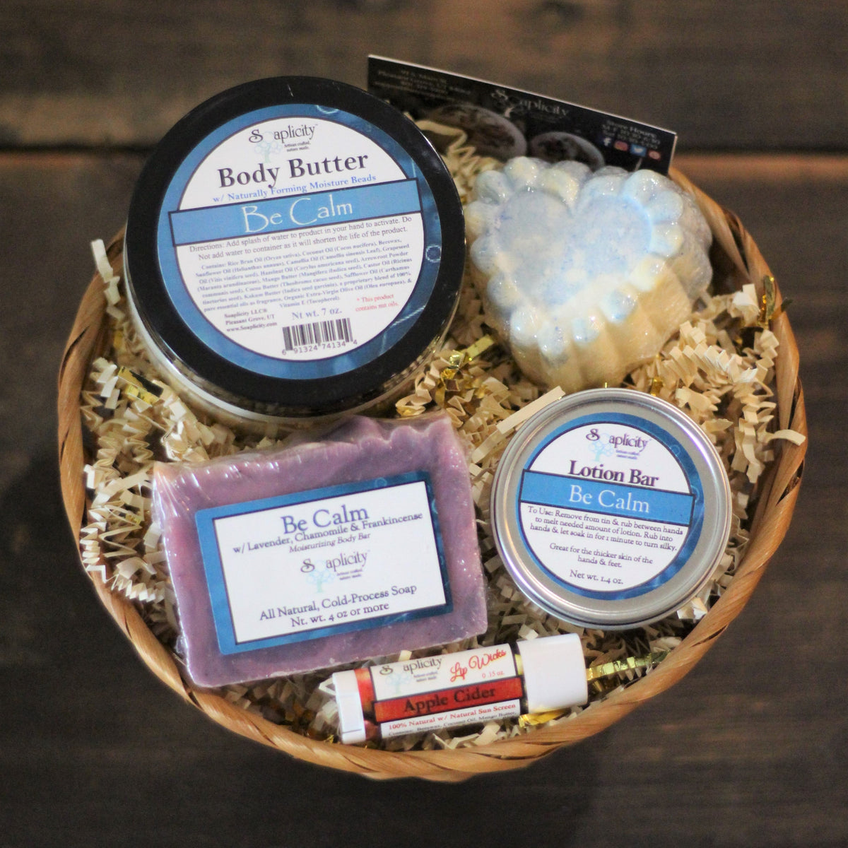 Medium Scentastic gift set basket with Be Calm body butter, lotion bar, cold-process soap