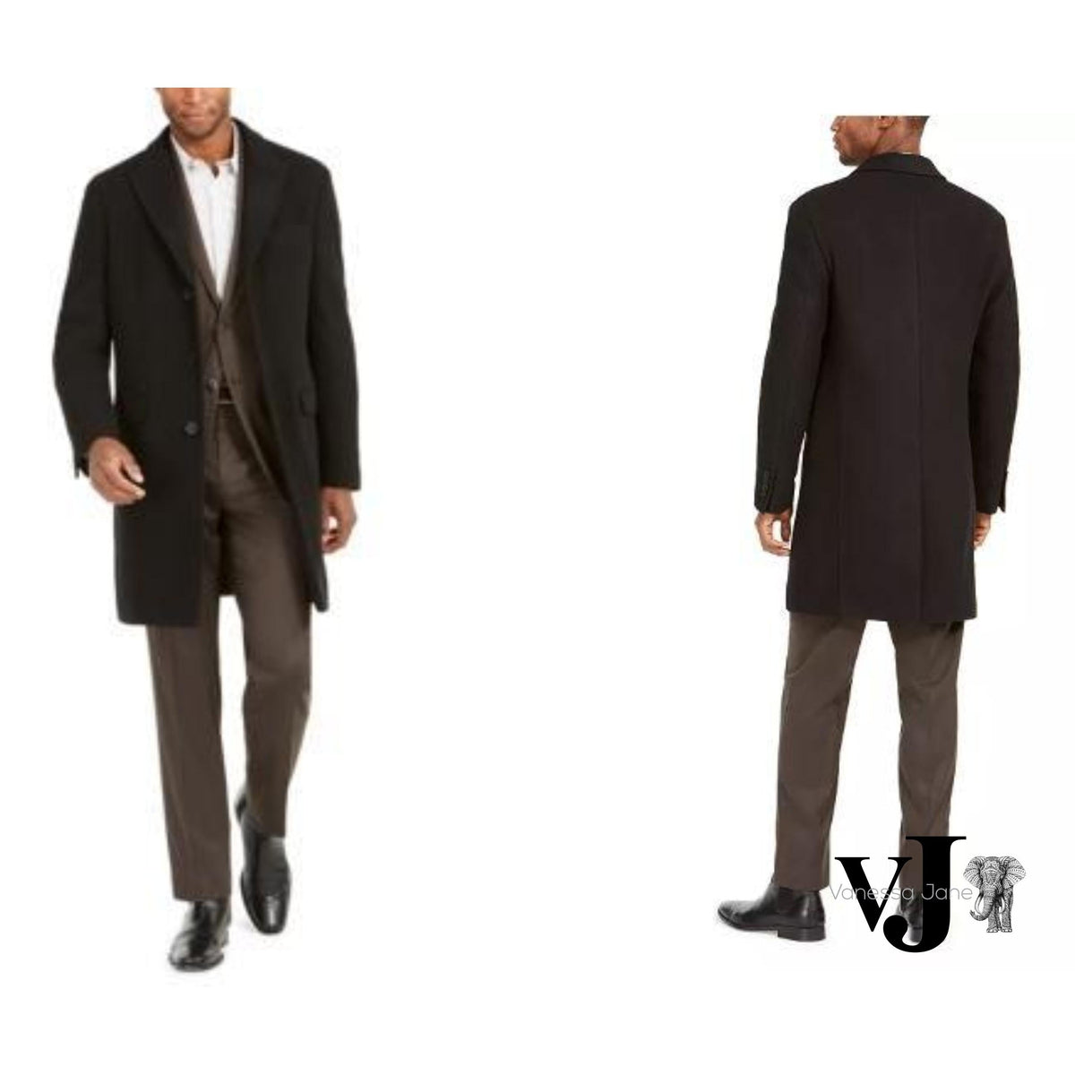 Men's black overcoat front and back views; button-front with notched lapels