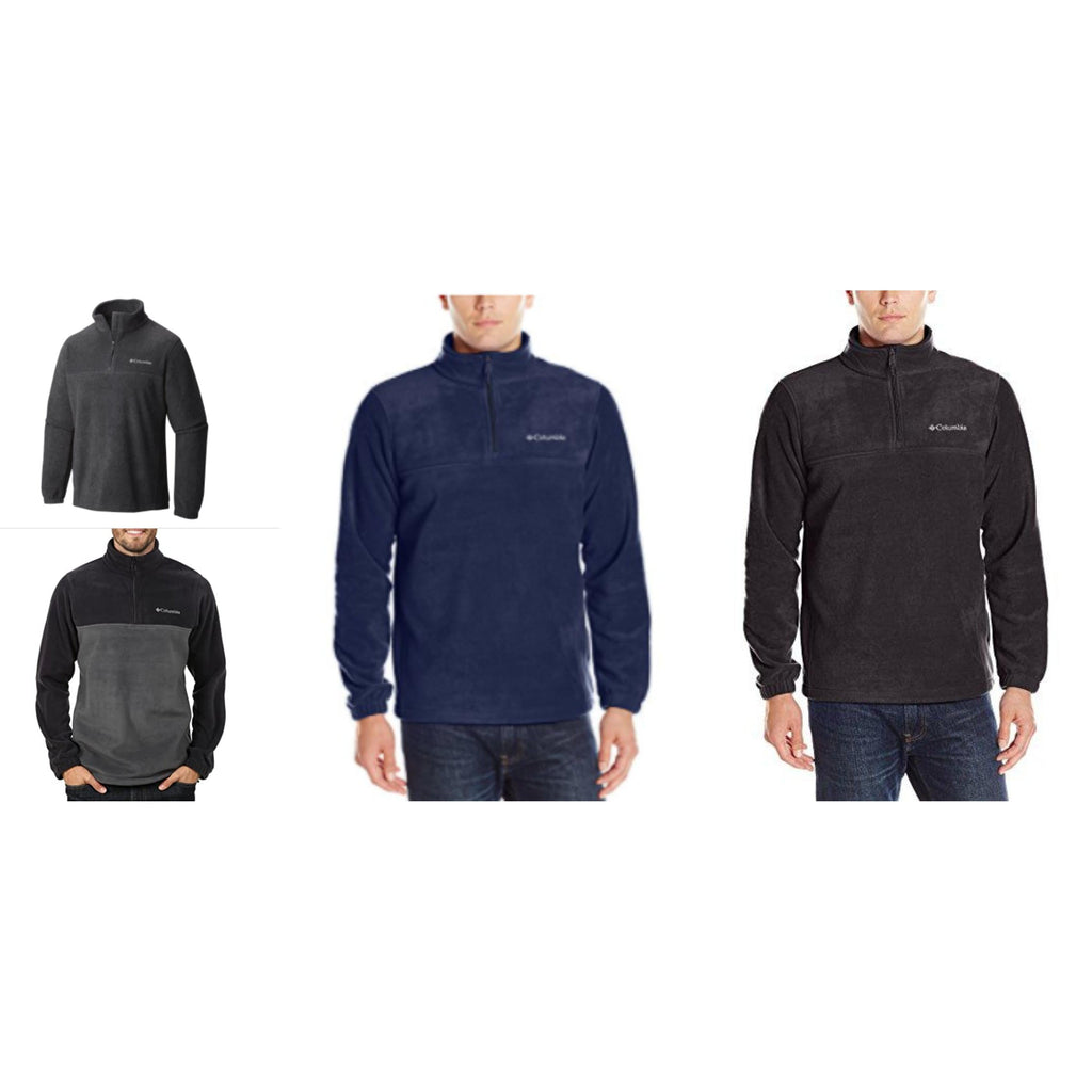 Mens half-zip fleece jacket, shown in multiple color views with zip-neck collar