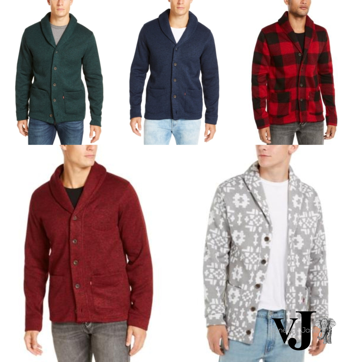 Men's shawl-collar sweater shown in multiple colors and patterns