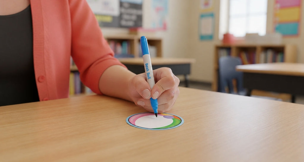 Hand writing on a beach ball shaped mini notepad at a desk