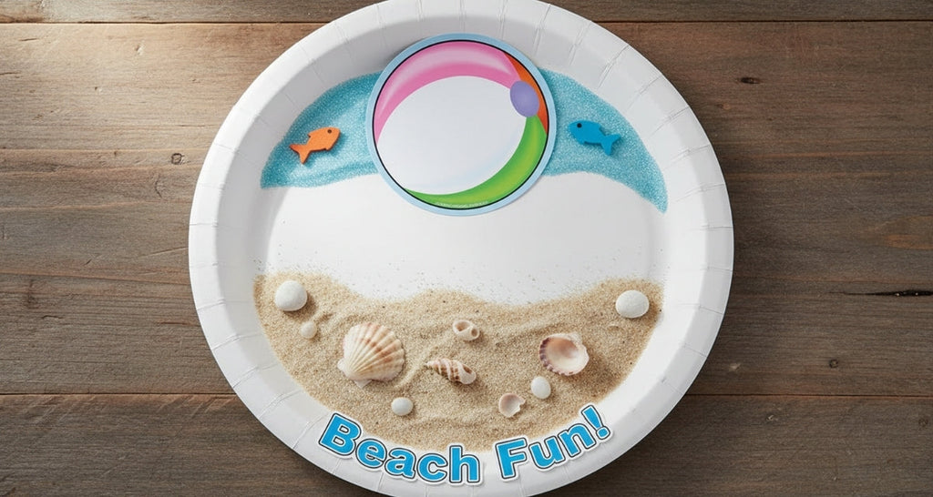 Beach ball shaped mini notepad with seaside elements and “Beach Fun!” title