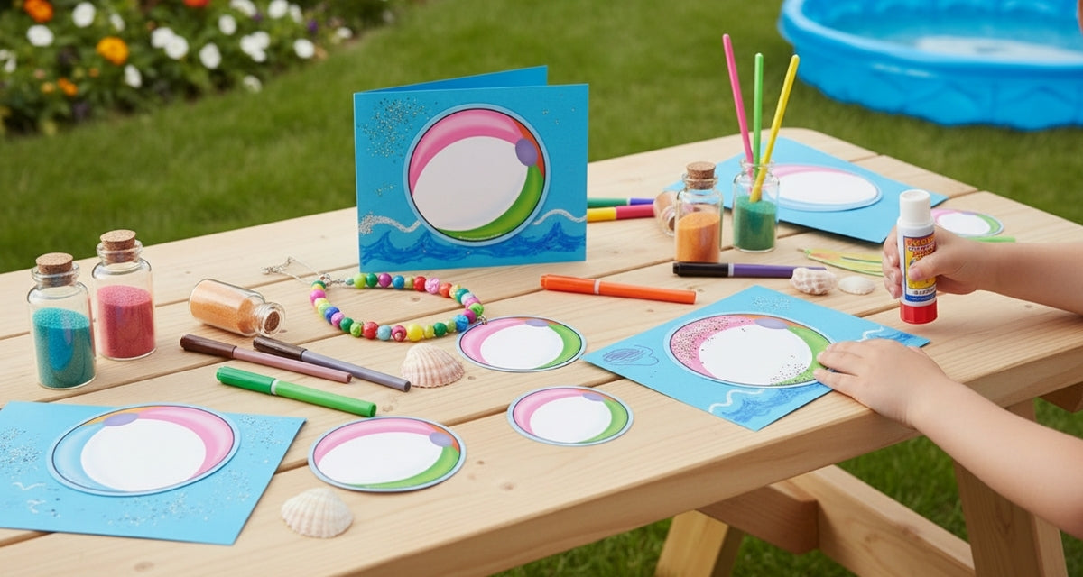 Beach art setup featuring a beach ball shaped mini notepad on a table