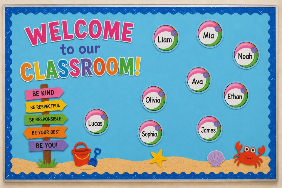 Beach ball themed mini notepad in classroom bulletin display