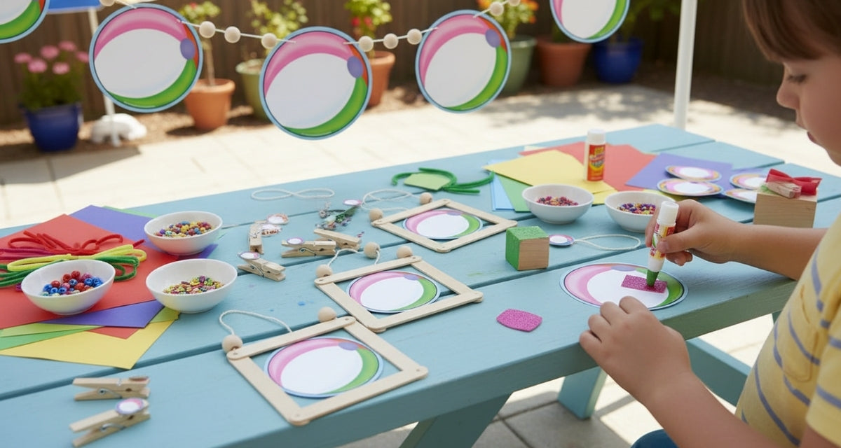 Tabletop craft with multiple beach ball shaped mini notepads and a hand writing