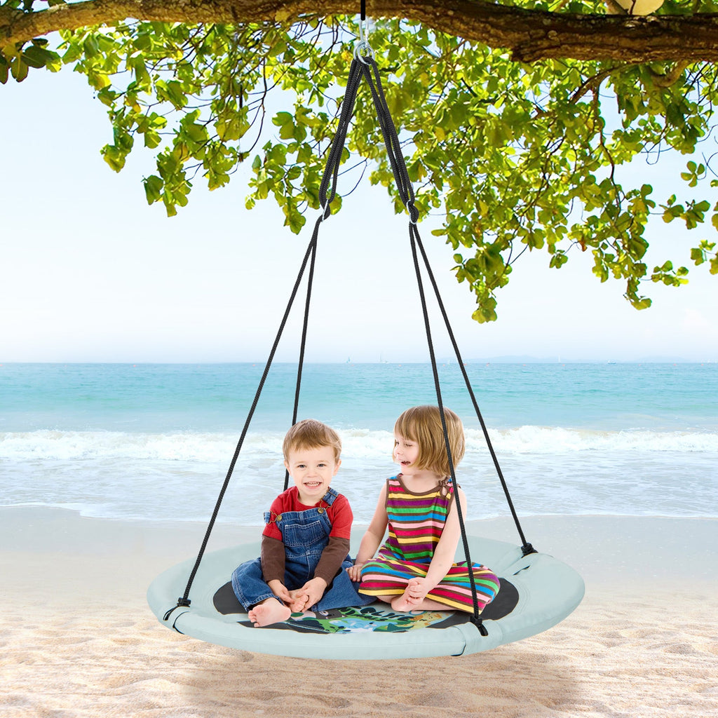 40-inch saucer tree swing with light aqua fabric seat, black center graphic, and hanging ropes