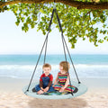 40-inch saucer tree swing with light aqua fabric seat, black center graphic, and hanging ropes