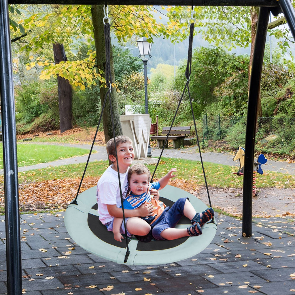 40-inch saucer tree swing with light aqua round seat, black center graphic, and hanging ropes