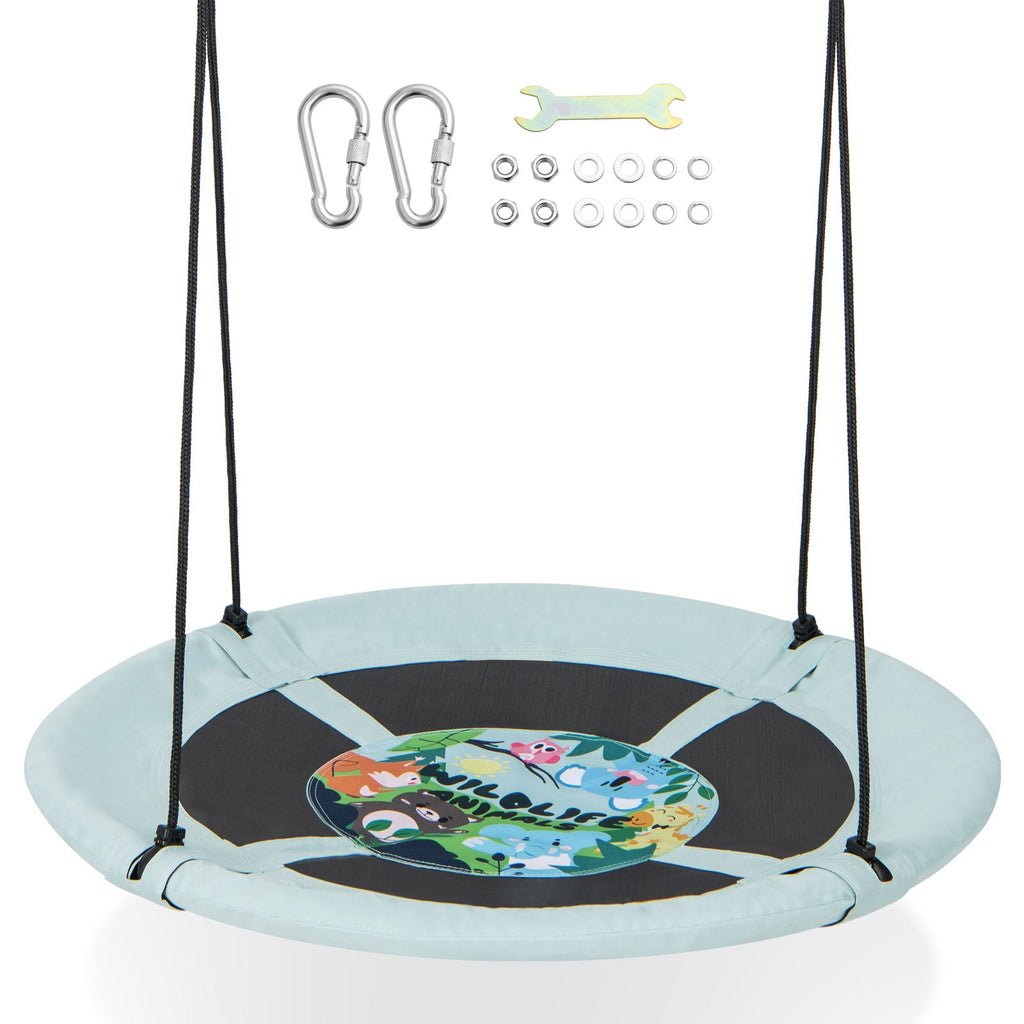 40-inch saucer tree swing seat, light aqua fabric with colorful animal graphic and hanging ropes