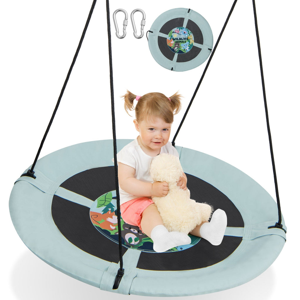 40-inch saucer tree swing with light aqua round seat, black center graphic, and hanging ropes