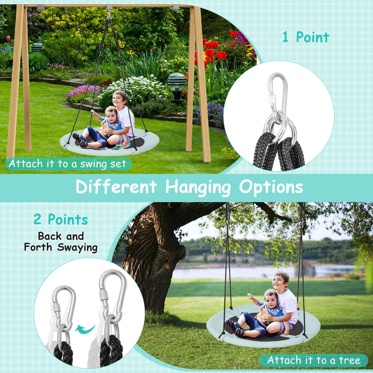 Saucer tree swing seat with light aqua fabric, black center graphic, and metal hanging carabiners