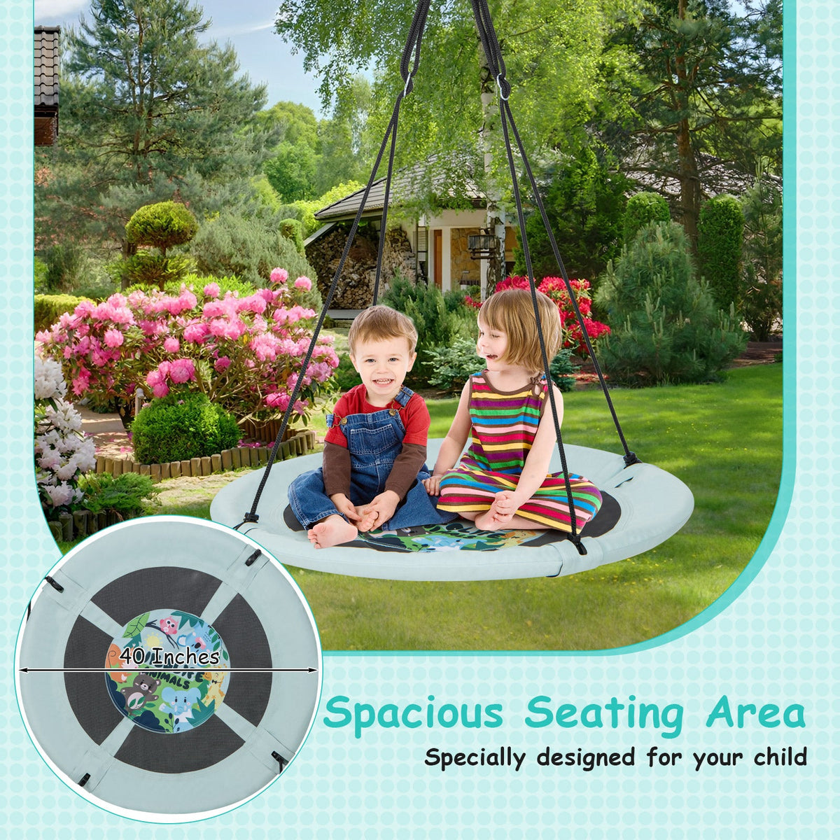 40-inch saucer tree swing seat with light aqua fabric, black center graphic, and multi-rope straps
