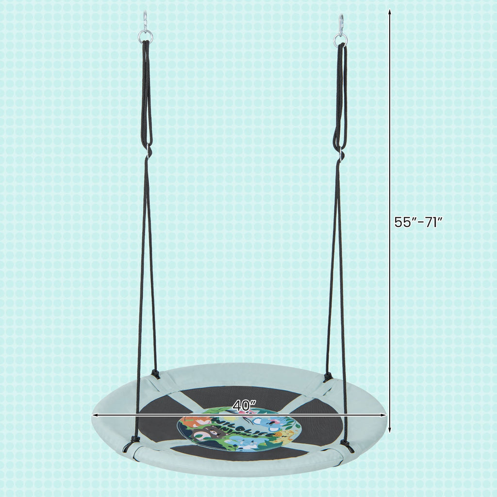 Round saucer tree swing with light aqua fabric seat, black center, and adjustable hanging ropes