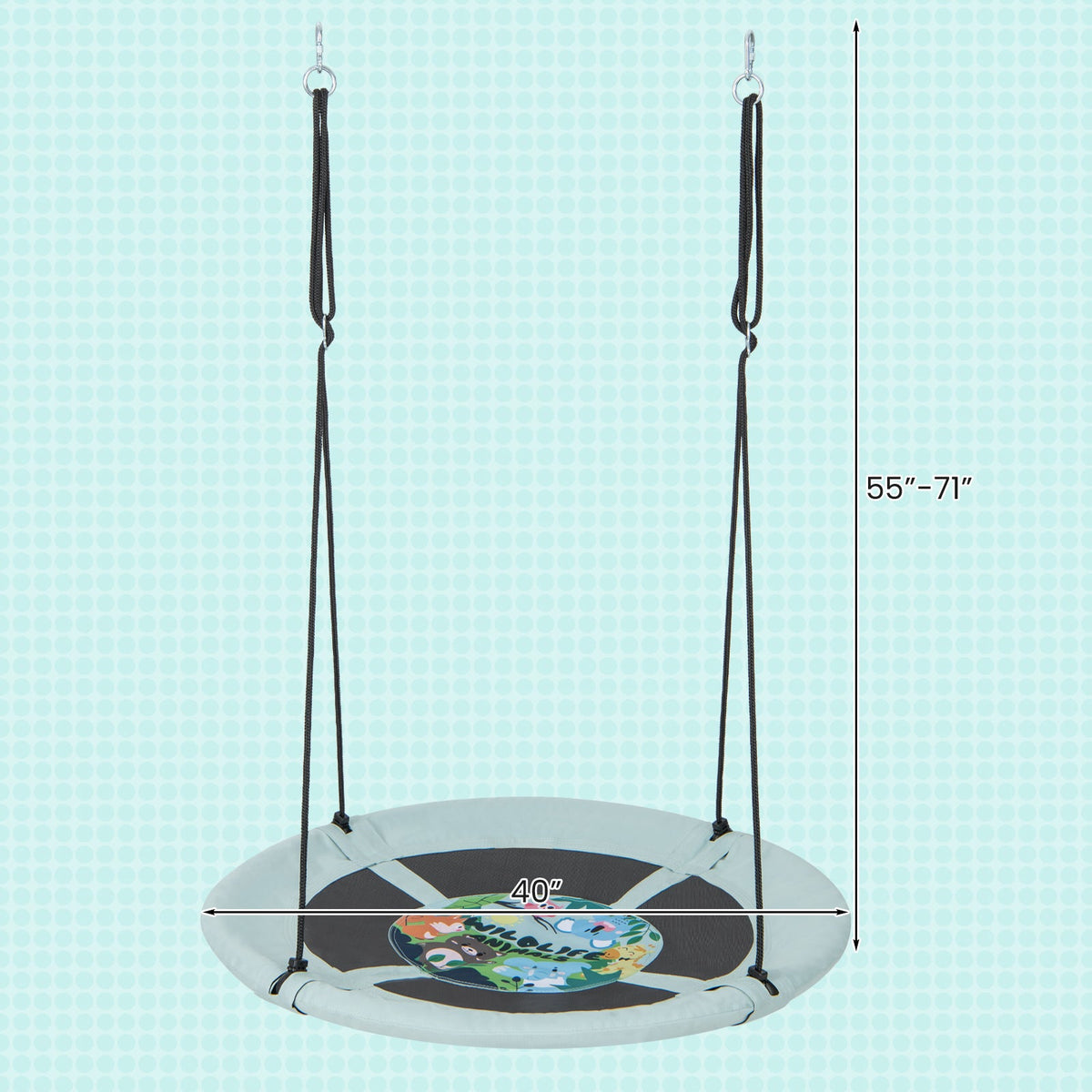 Round saucer tree swing with light aqua fabric seat, black center, and adjustable hanging ropes