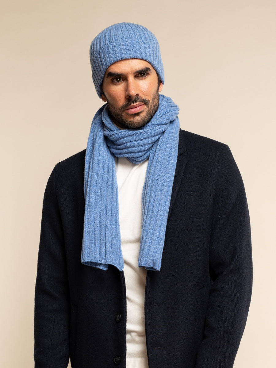 Light blue ribbed knit beanie and matching scarf, unisex