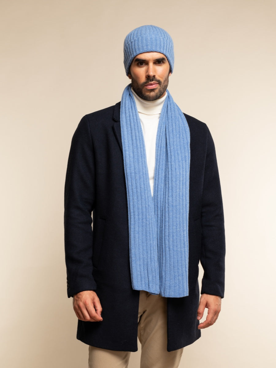 Light blue ribbed knit beanie and matching scarf, full outfit view