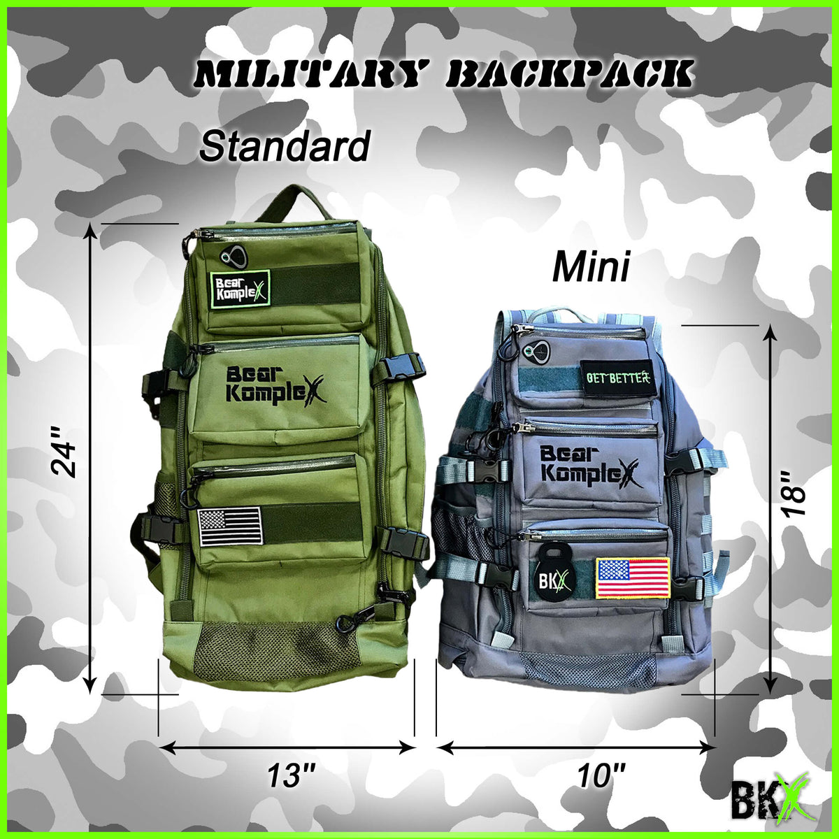 BKX military backpack size chart showing standard green and mini blue backpack views