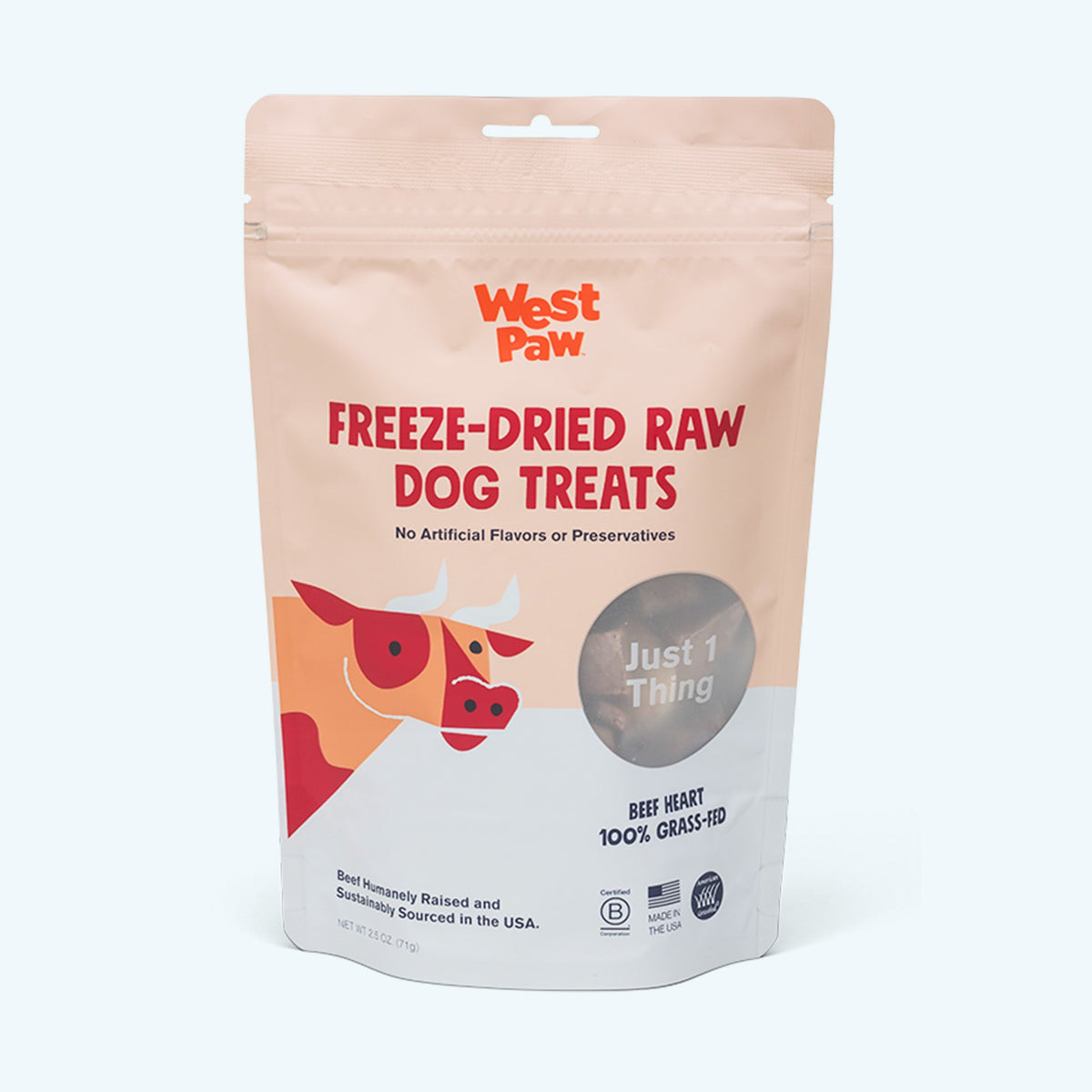 Freeze-dried beef heart dog treats pouch with West Paw branding