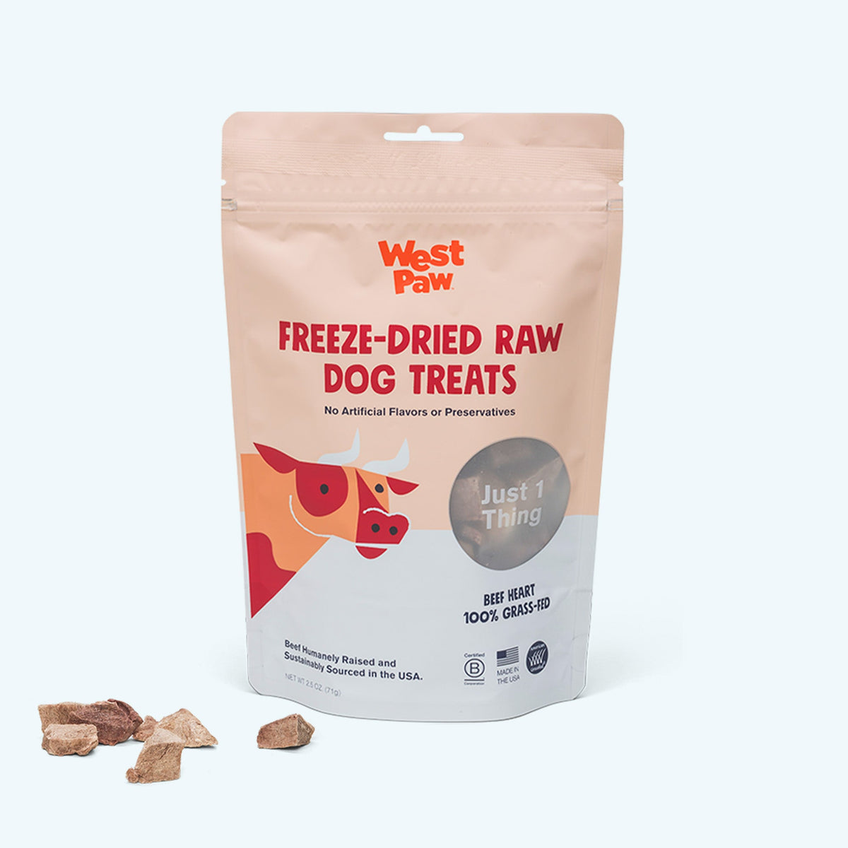 Freeze-dried beef heart dog treats pouch with scattered beef heart pieces